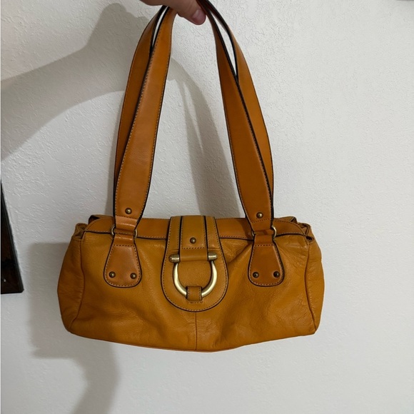 Vintage Y2K western Orange mustard leather shoulder bag baguette style purse - Picture 11 of 14